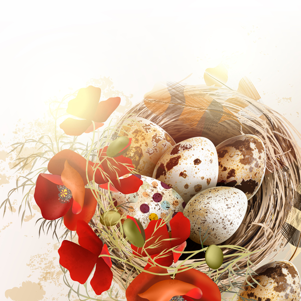 Fond de Pâques avec des œufs de nids d’oiseaux et de plumes vecteur 03  