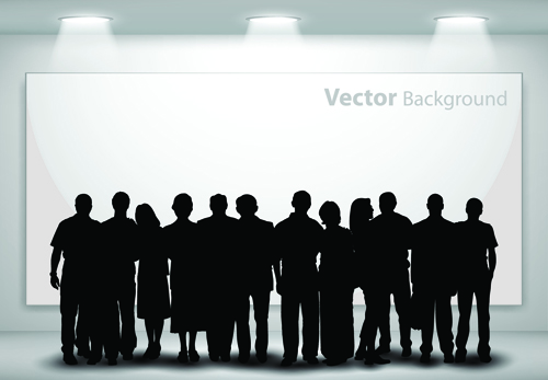 Gallery background and people silhouettes vector set 05  