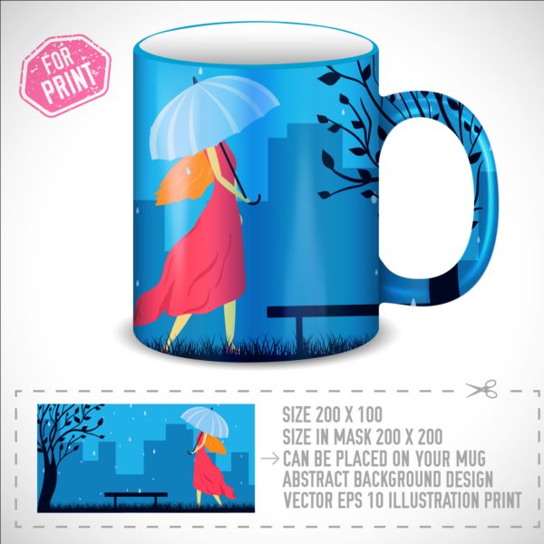 Girl and umbrella with mug vector 01  