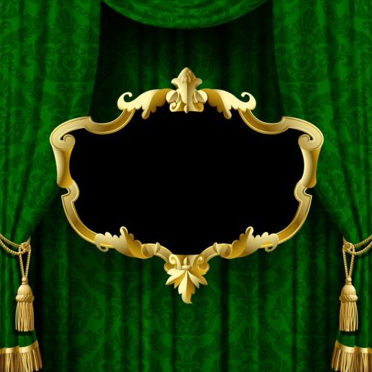 Grüner Vorhang mit goldenem Rahmenvektor  
