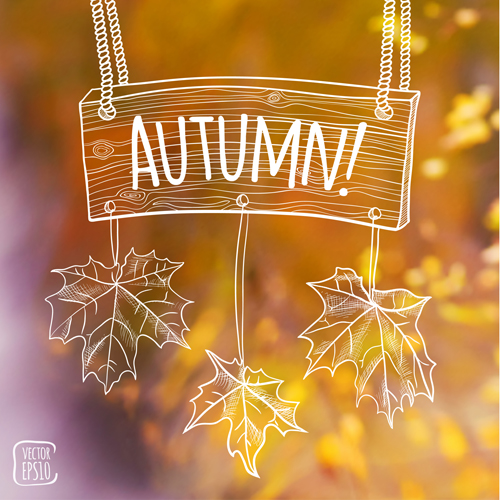 Hand drawn autumn elements with blurs background vector 01  