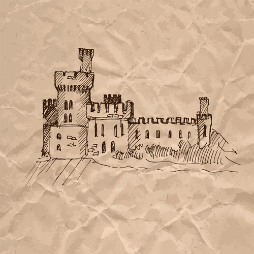 Hand drawn medieval buildings and crumpled paper vector 10  