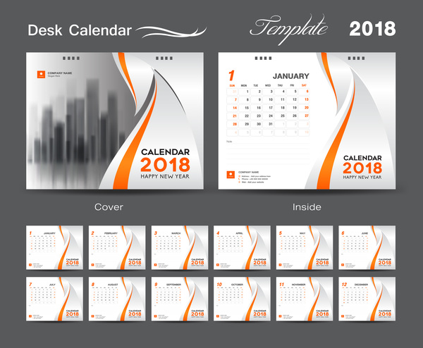2018年のベクトルテンプレート02のためのオレンジカバーデスクカレンダー  