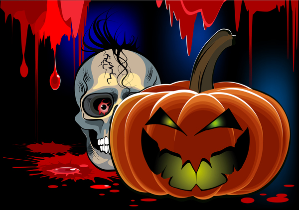 Skull with halloween background vectors 03  
