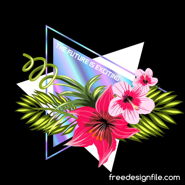 Tropische Blumen mit Dreieck und schwarzem Hintergrund Vektor 03  