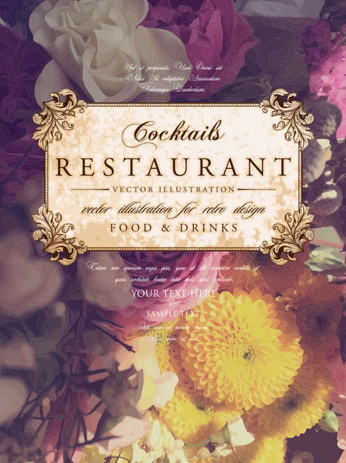 Vintage restaurant menu cover with flower blurs background vector 10  