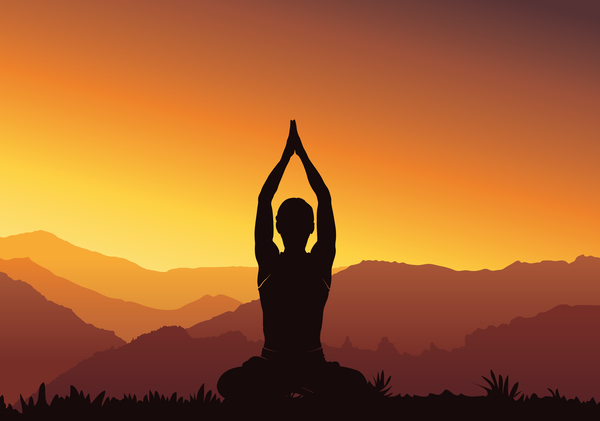 Yogaschattenbild mit Sonnenunterganghintergrundvektor 07  