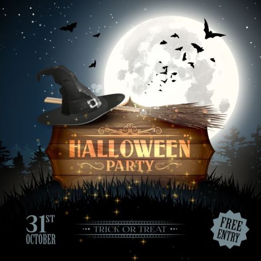 Halloween-Party-Plakat mit Holzetiketten Vektor  