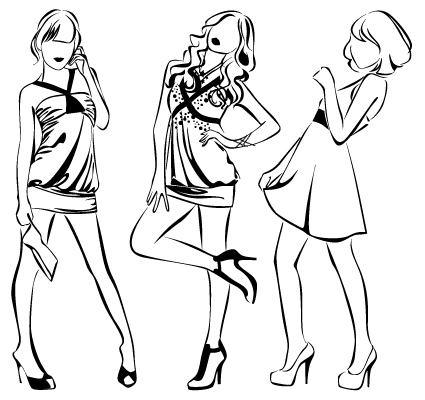 Set of Fashion girl pencil sketch vector 03  