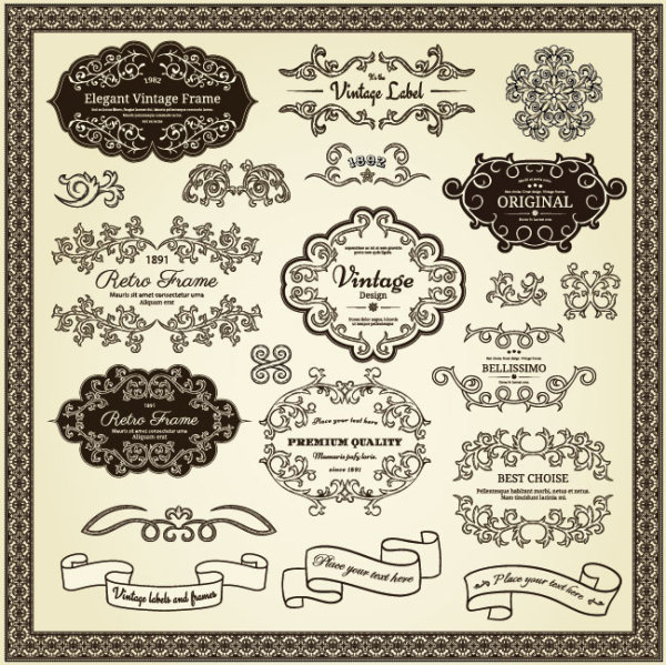 Elements of Vintage Frames and label vector 02  