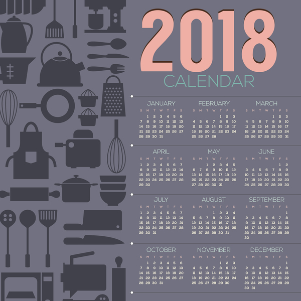 Kalenderschablone 2018 mit Küchengeschirrhintergrundvektor 01  