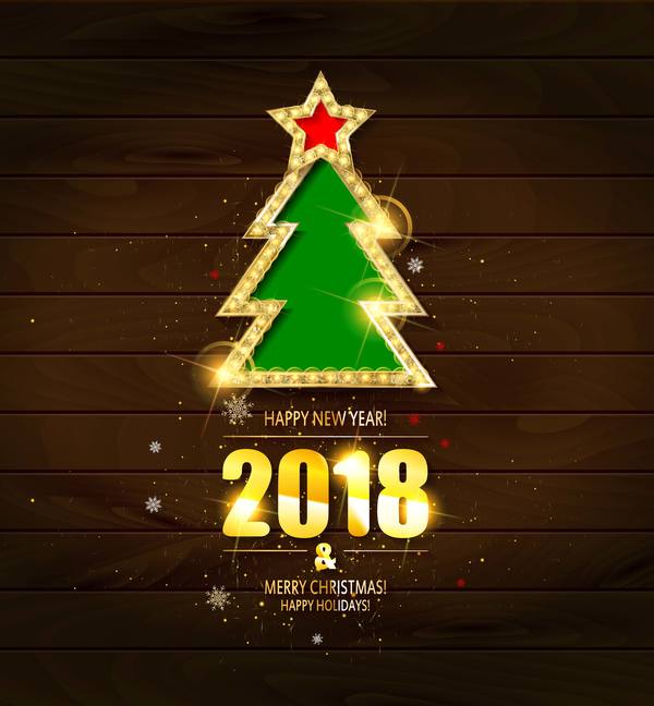 Neues Jahr 2018 mit goldenem hölzernem Hintergrundvektor des Weihnachten  