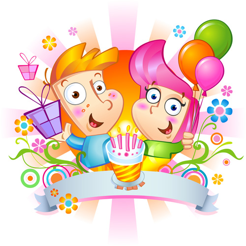 Cheerful childres with birthday cards vector material 01  