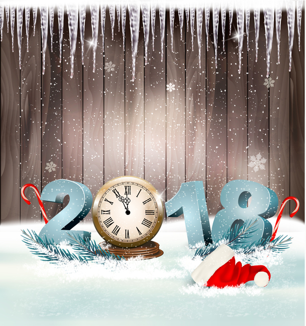 Christmas background with 2018 new year and clock wooden background vector  