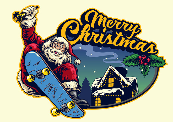 Weihnachtsgrußkarte mit Weihnachtsmann-Fahrskateboardvektor 08  