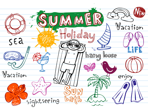 Cute summer holiday hand drawing elements vector  