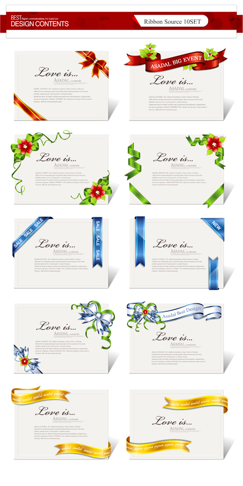 Elegant ribbon invitations cards vector material  