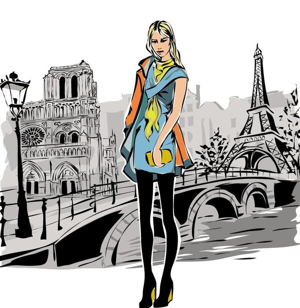 ファッションの女の子とエッフェル塔の手描きベクトル03  