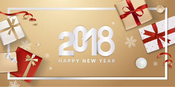 Fond d'or 2018 nouvel an avec des coffrets cadeaux vecteur 04  