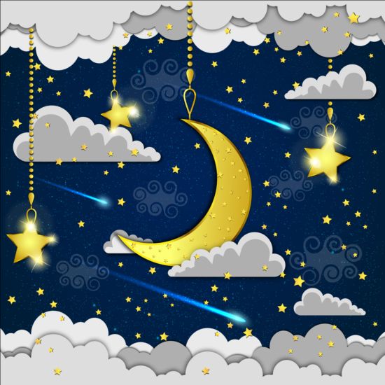 Golden stra with moon and cloud cartoon vector 02  