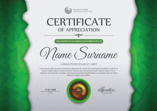 Зеленый сертификат шаблона и геометрический вектор формы 02  