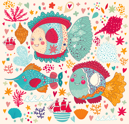 Marine elements and fish floral background vector 05  