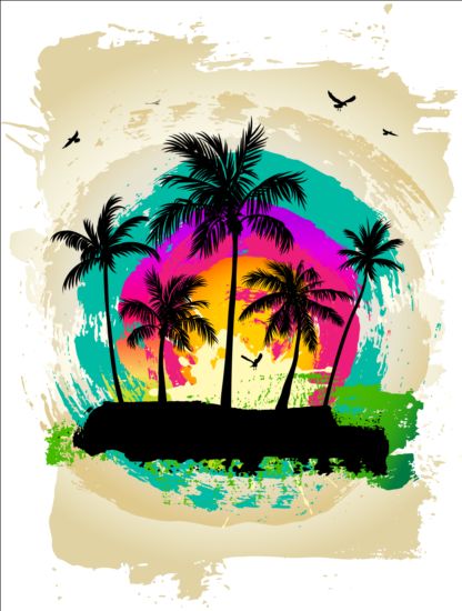 Tropische Sommerpalme mit Grunge-Hintergrundvektor 01  