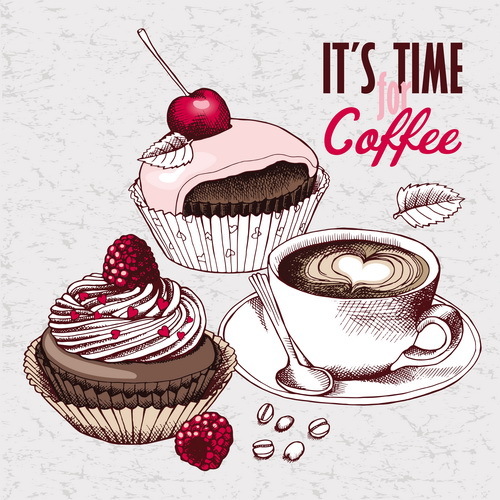 Vintage cakes with coffee vector material 02  