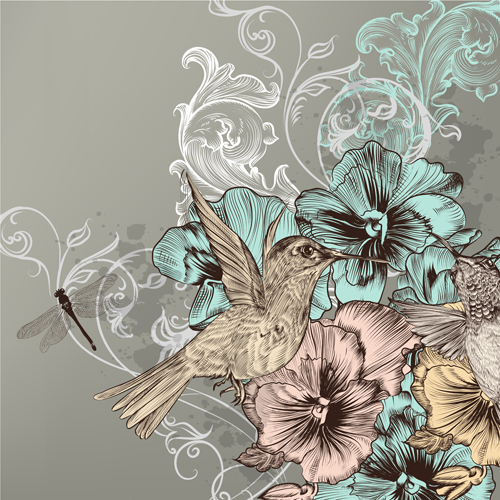 Vintage flower and birds background art vector 03  