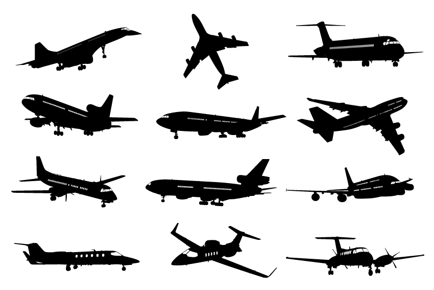 Different airplane silhouette vector set  