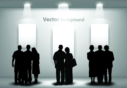 Gallery background and people silhouettes vector set 04  