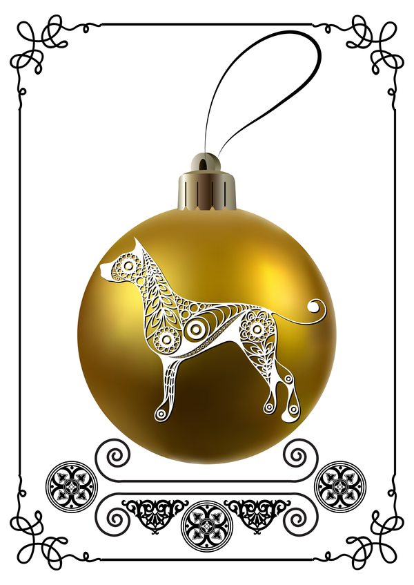 新しい年の犬のフレームベクトル01とゴールデンクリスマスボール  