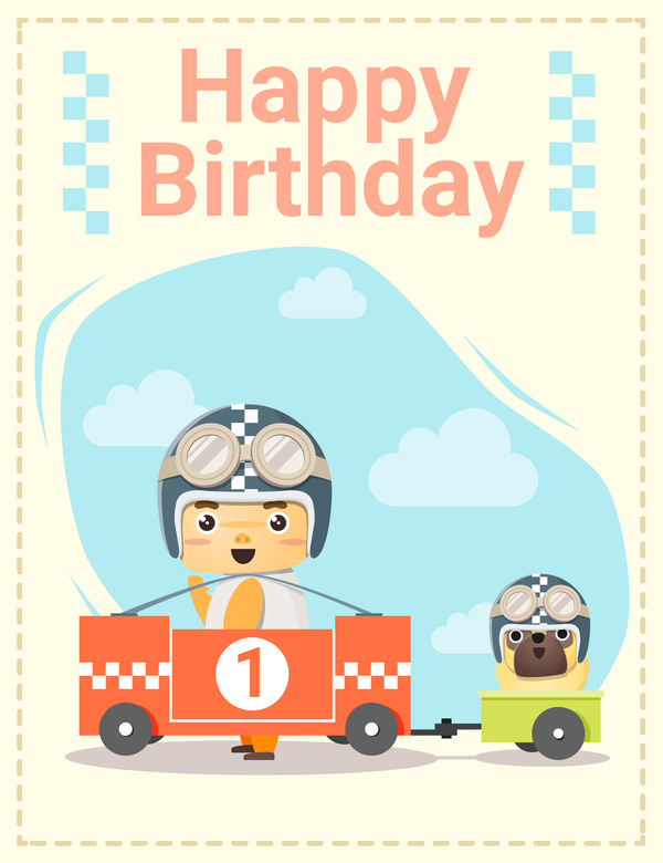 Happy birthday card with little boy and friend vector 03  