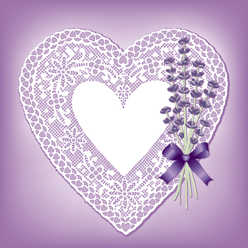 Lace heart cards with purple flower vector  