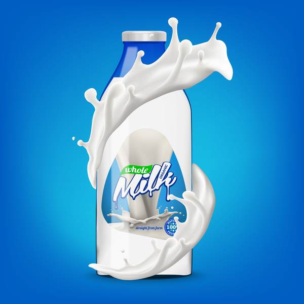 Milk bottle with splashing milk 3d vector illustration 04  