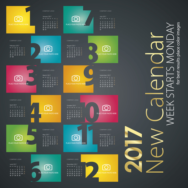 Ny kalender 2017 färgglada svart färg månad siffror vektor  