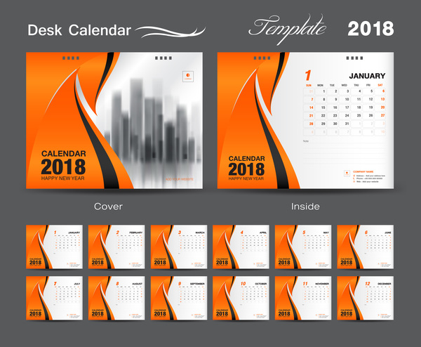2018年のベクトルテンプレート01のオレンジ色のカバーデスクカレンダー  