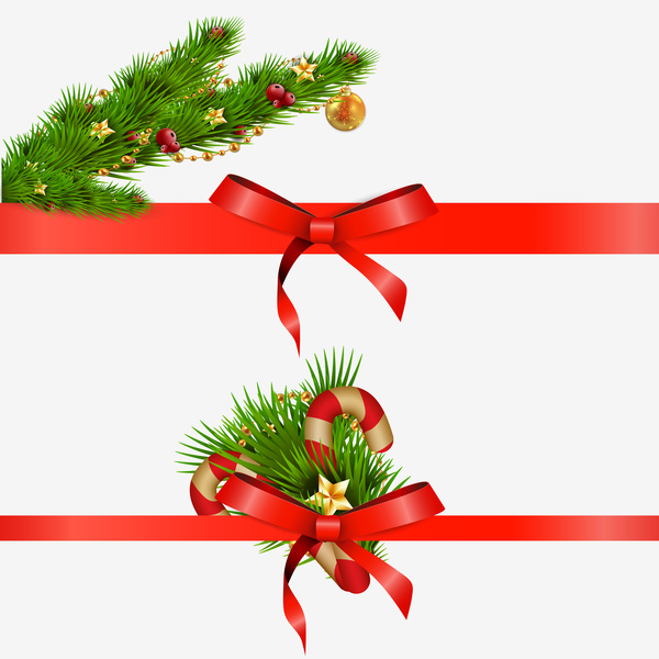 Pine branch with red bow christmas decor vector  
