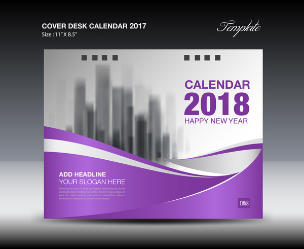 Calendrier de bureau couverture violet 2018 vecteur matériel 06  