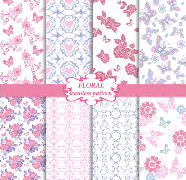 Set of floral seamless pattern in blue and pink colors vector  