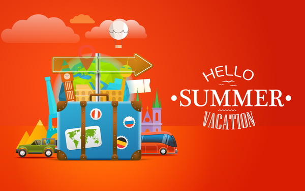 Summer vacation travel elements with red background vector  