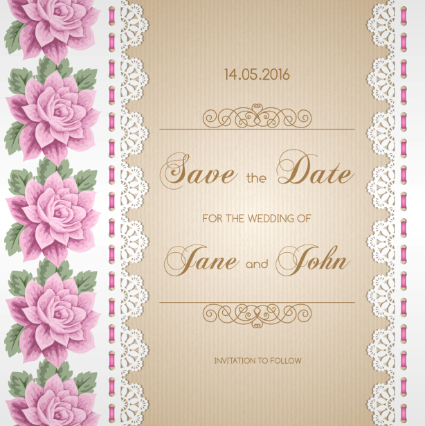 Wedding invitation card with flower vintage vector 04  