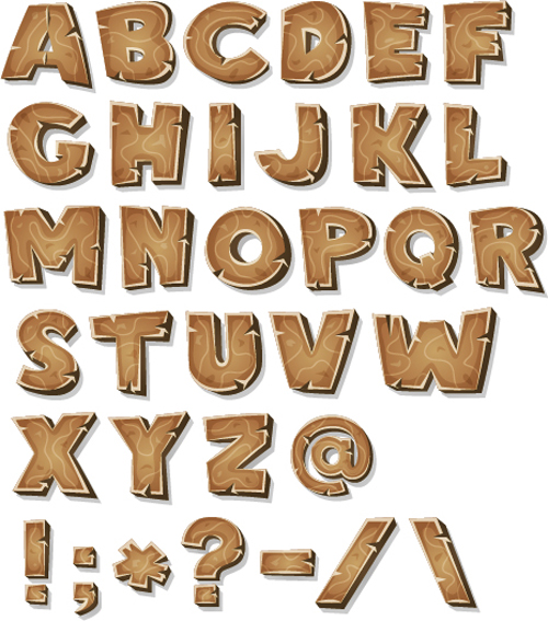 Wood texture alphabet with sign vector  