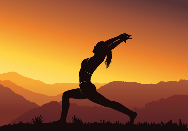Silhouette de yoga avec le vecteur de fond coucher de soleil 06  