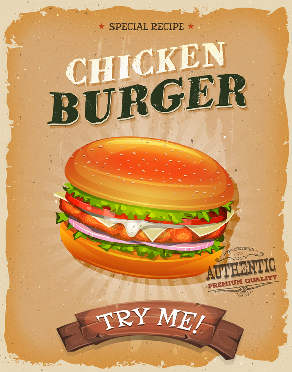 affiche de casse-croûte de poulet hamburger et vecteur rétro de barbecue  