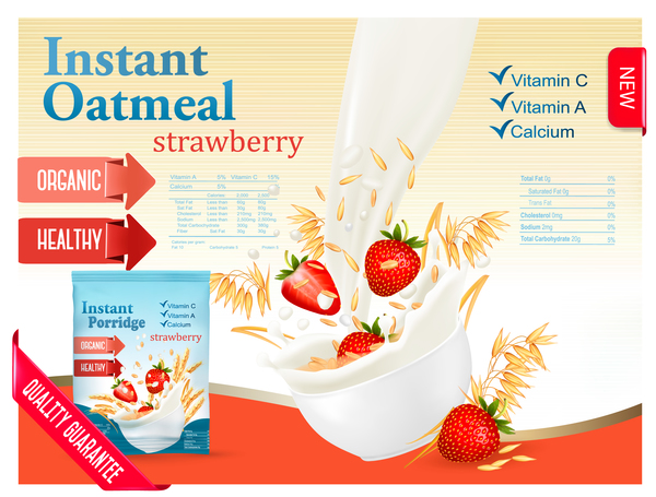 wheat oatmeal with strawberry and milk poster template vector  