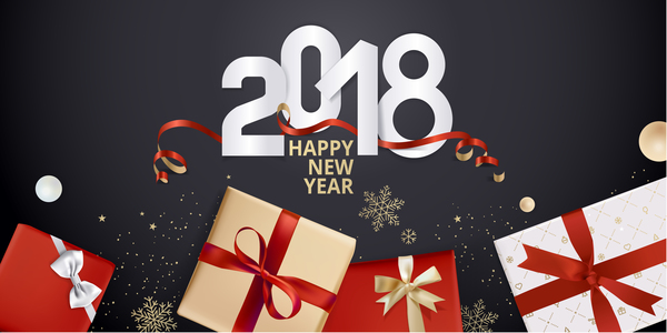 Schwarzer Hintergrund des neuen Jahres 2018 mit Geschenkboxen vector 03  