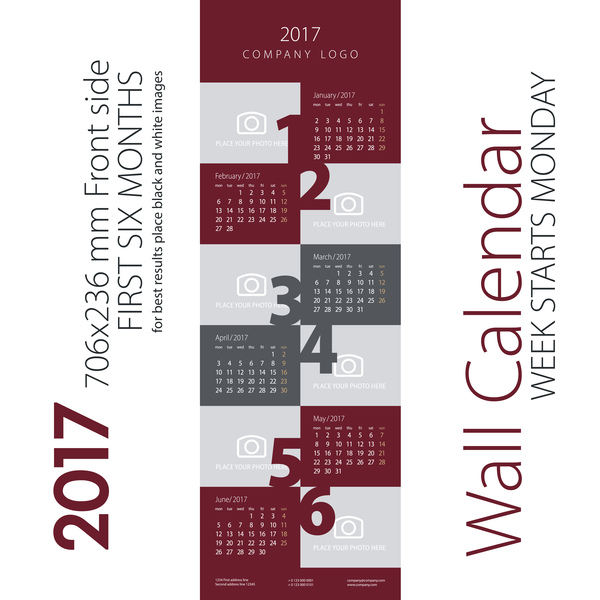 Calendar 2017 first six month maroon gray vector  