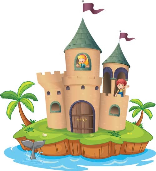 Fantasy castle with kids vectors  
