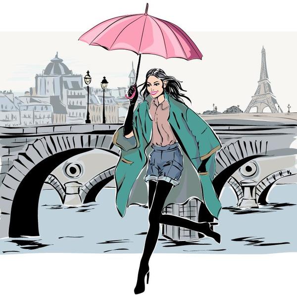 Fashion girl and eiffel tower hand drawing vector 02  